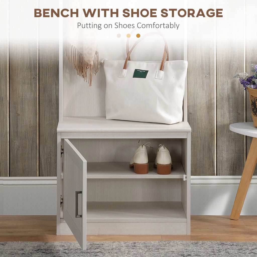 HOMCOM Vestiaire d’entrée rustique avec banc de rangement pour chaussures, banc d’entrée avec porte-manteau, porte-manteau décoratif avec étagères de rangement pour couloir ou entrée, blanc