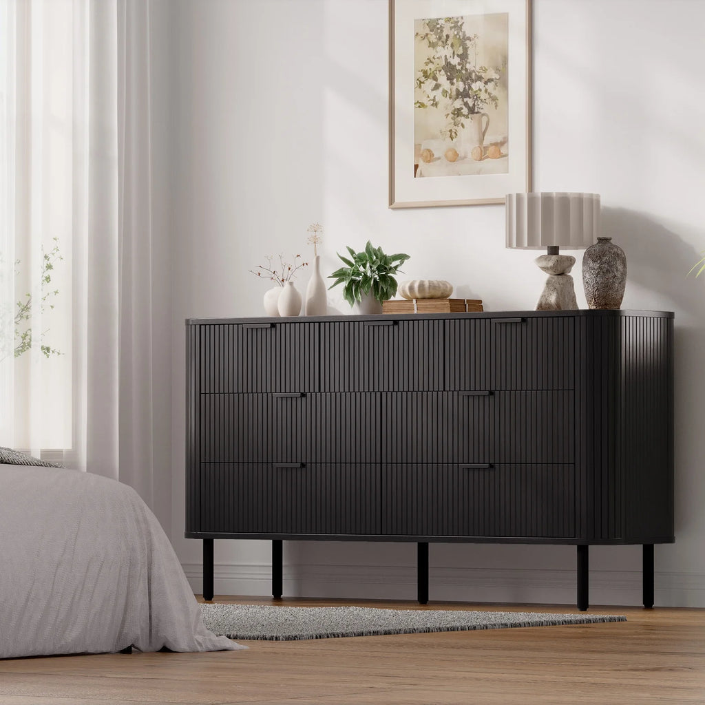 Commode cannelée à 7 tiroirs pour chambre, largeur 60 pouces, moderne, en bois, avec poignées en métal, design aux lignes courbes – Idéale également comme meuble TV pour salon ou couloir, noir