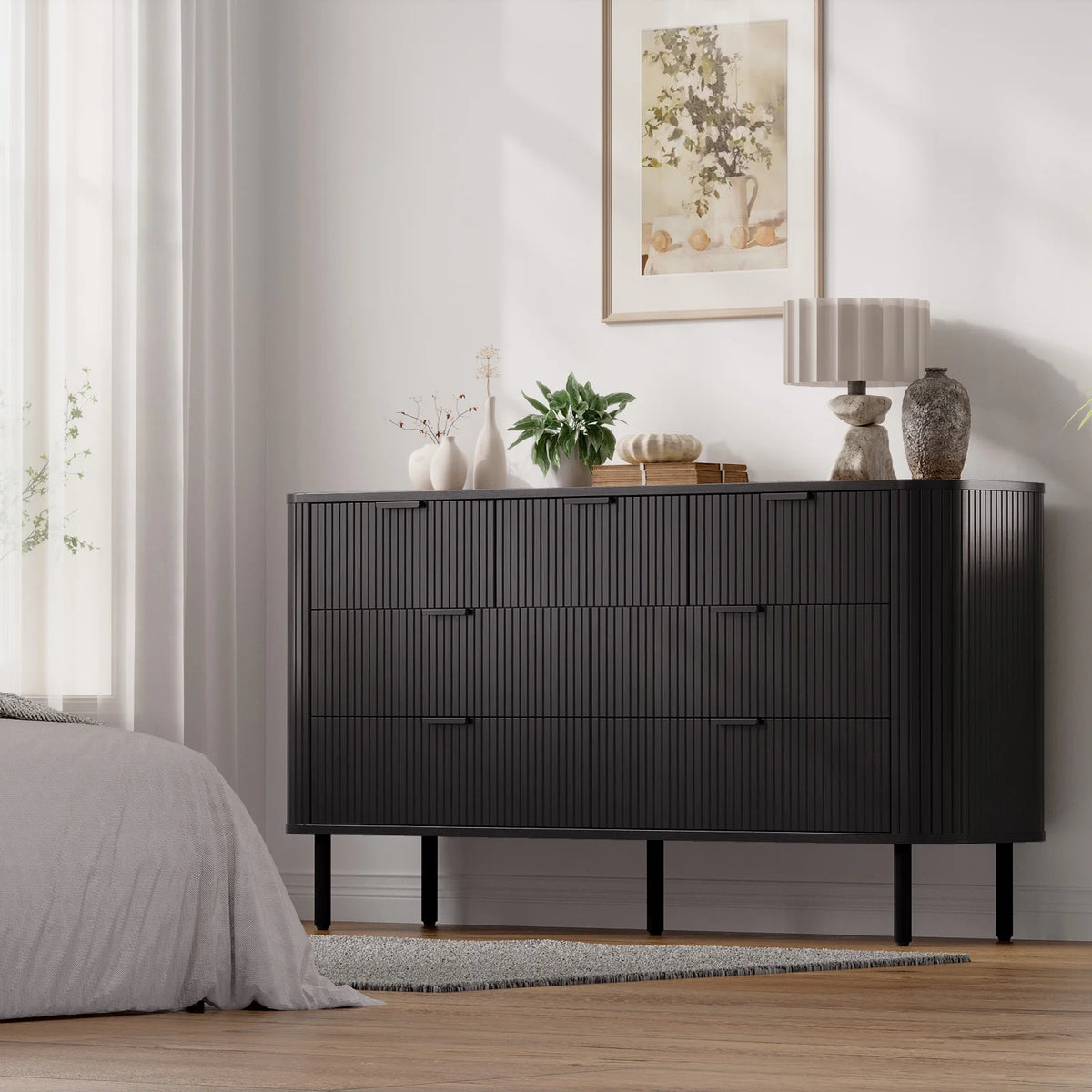 Commode cannelée à 7 tiroirs pour chambre, largeur 60 pouces, moderne, en bois, avec poignées en métal, design aux lignes courbes – Idéale également comme meuble TV pour salon ou couloir, noir