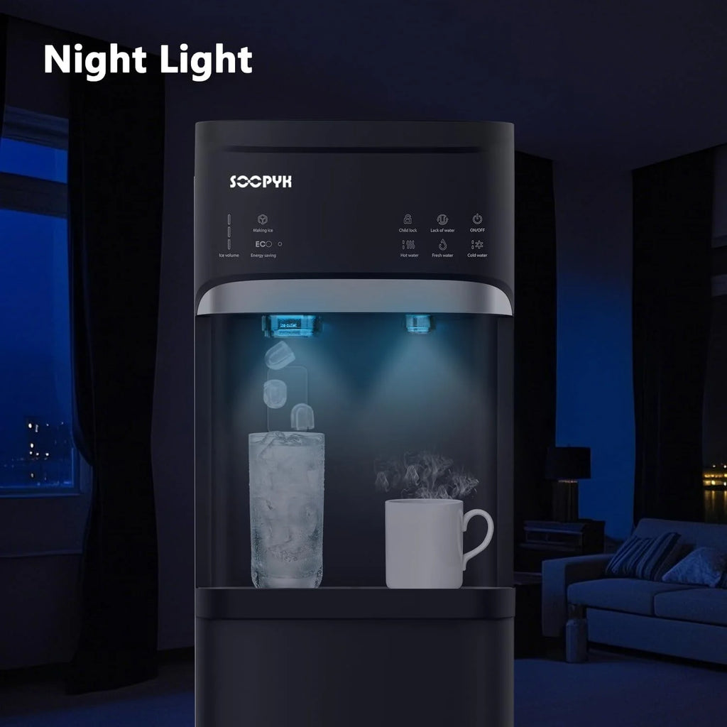 SOOPYK Distributeur d’eau chaude et froide 3-en-1 avec machine à glaçons à chargement inférieur pour bonbonne de 3 ou 5 gallons, capacité quotidienne de 22 lb, glaçons en forme de balle, noir