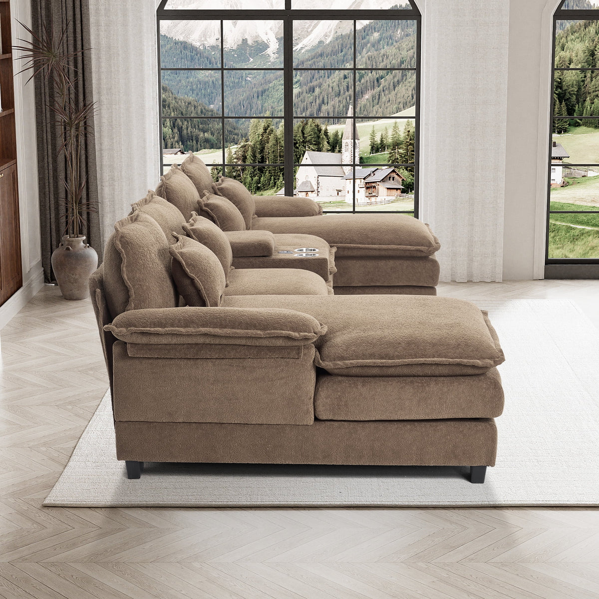 Canapé modulable en U Wiilayok Cloud Couch, méridienne double extra profonde de 124 cm en chenille duveteuse, console centrale avec ports USB-C et A doubles, gris tempête