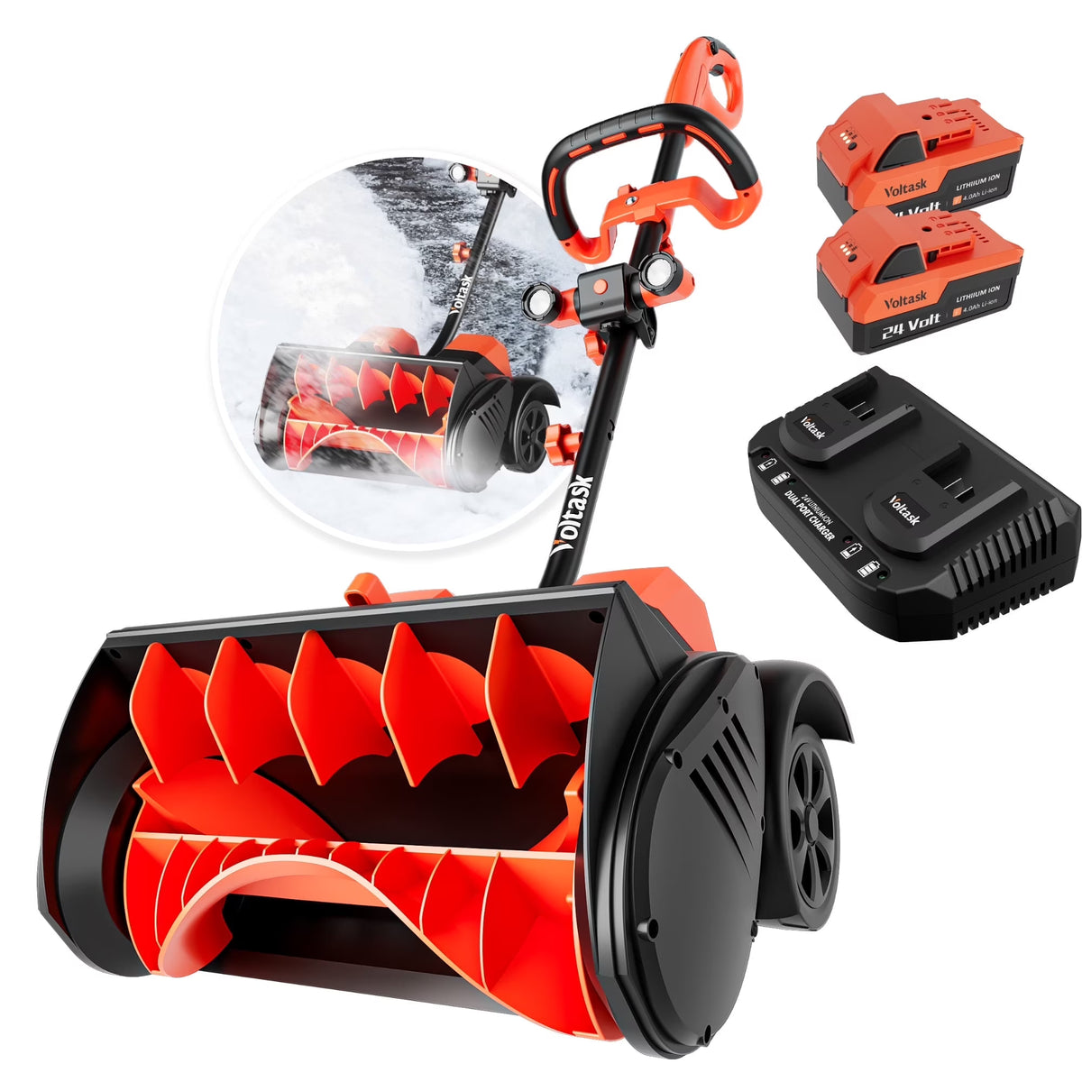 Pelle à neige sans fil VOLTASK 48 V de 16 pouces avec roues, souffleuse à neige électrique avec feux LED, 2 batteries et chargeur rapide double inclus pour allée