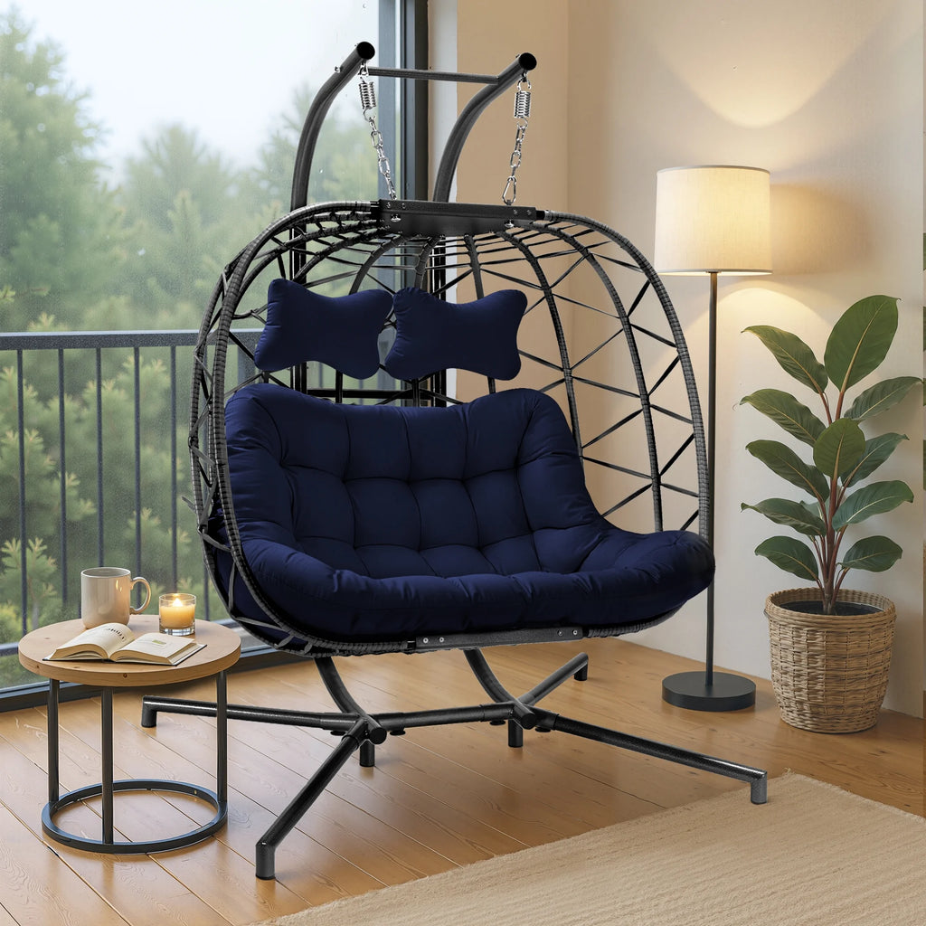 Fauteuil suspendu œuf double en osier RADIATA avec support, fauteuil œuf suspendu pour 2 personnes, intérieur/extérieur, capacité de 700 lb, coussins épais et appuie-tête, structure en métal robuste, gris foncé