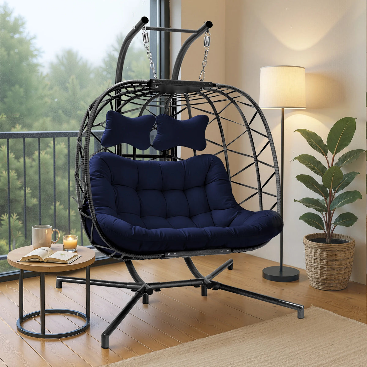 Fauteuil suspendu œuf double en osier RADIATA avec support, fauteuil œuf suspendu pour 2 personnes, intérieur/extérieur, capacité de 700 lb, coussins épais et appuie-tête, structure en métal robuste, gris foncé