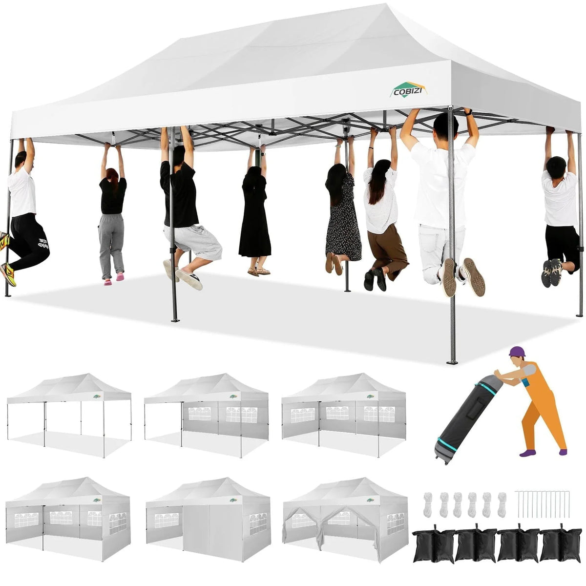COBIZI 10'x20' Chapiteau Tente Pop-up Facile Anti-UV Imperméable Tente d'extérieur Abri instantané pour fêtes et mariages Tente-pavillon toutes saisons avec 6 parois latérales amovibles, 4 sacs de sable, sac de transport à roulettes, Blanc
