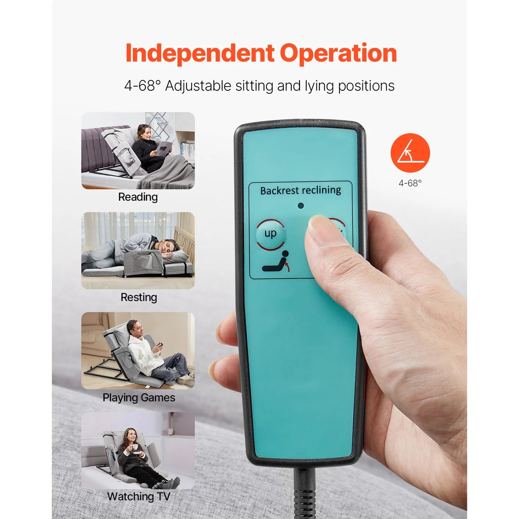 KFFKFF Dossier de lit électrique réglable, Capacité de 300 lbs, Inclinaison de 4 à 68 degrés, avec Accoudoir et Poche de rangement, Lavable en machine, Idéal pour les femmes enceintes, les personnes âgées et les patients