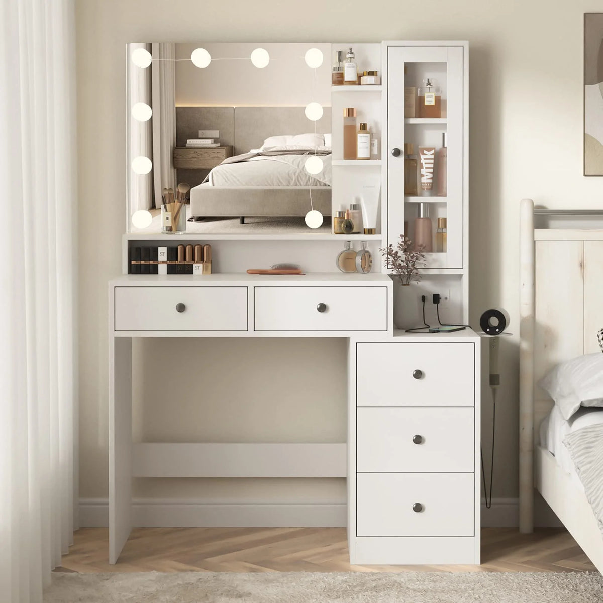 Coiffeuse VEANERWOOD avec miroir éclairé et bloc multiprise, table de maquillage moderne avec 5 tiroirs, blanc