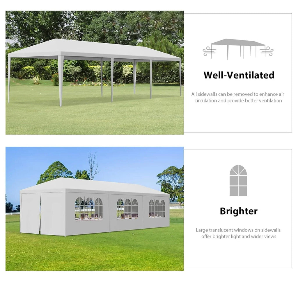 Tente de réception extérieure 10'x30', auvent de mariage, chapiteau de camping imperméable, abri de barbecue robuste, 8 parois latérales amovibles (10x30)