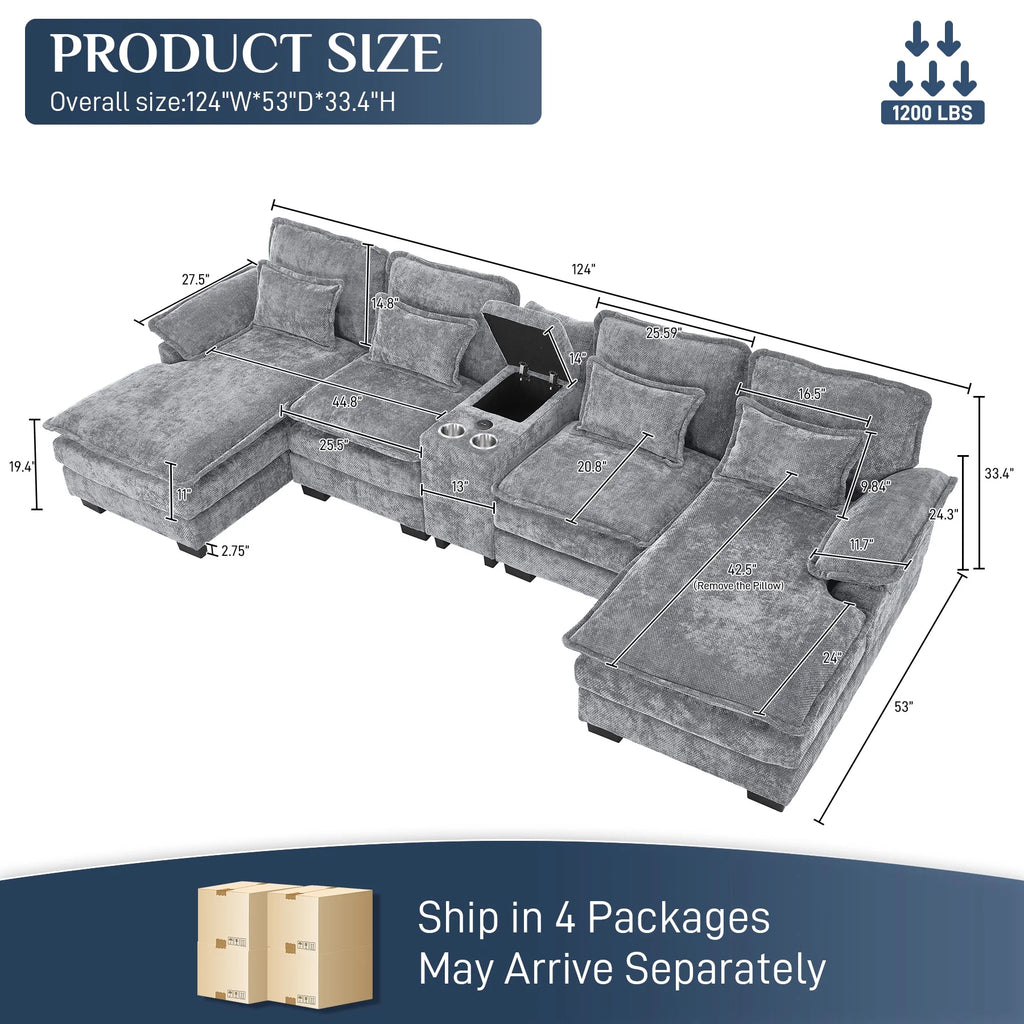 Canapé modulable en U Wiilayok Cloud Couch, méridienne double extra profonde de 124 cm en chenille duveteuse, console centrale avec ports USB-C et A doubles, gris tempête