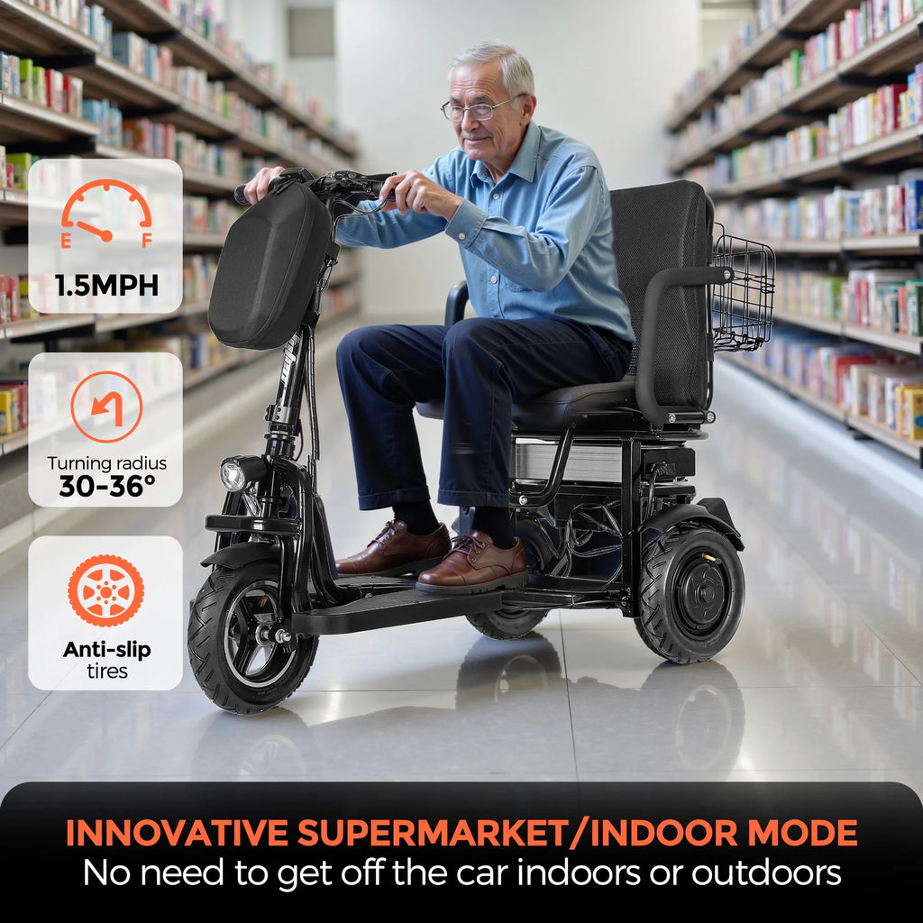 BAMACAR Scooter de mobilité pliant à 3 roues, léger pour seniors et adultes, 300 lb, scooter électrique tout-terrain portable pour personnes à mobilité réduite, scooters de mobilité pliables et compacts, noir