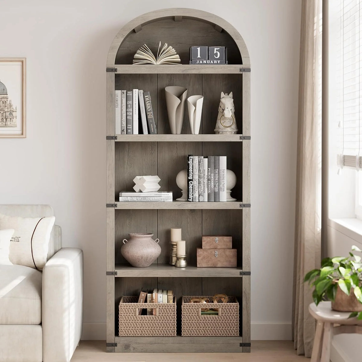 Bibliothèque à 5 étagères avec arche, 182 cm de haut, meuble de rangement et d’exposition de style rustique en bois pour bureau, salon ou maison (blanc)