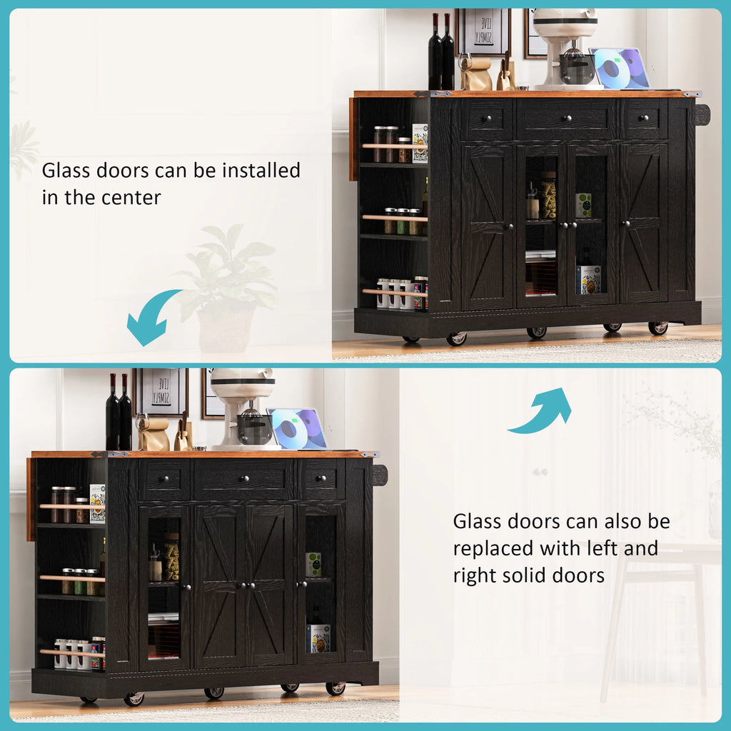 Euroco Îlot de cuisine style ferme de 53'' avec deux portes de placard en verre trempéDesserte de cuisine roulante sur roulettes