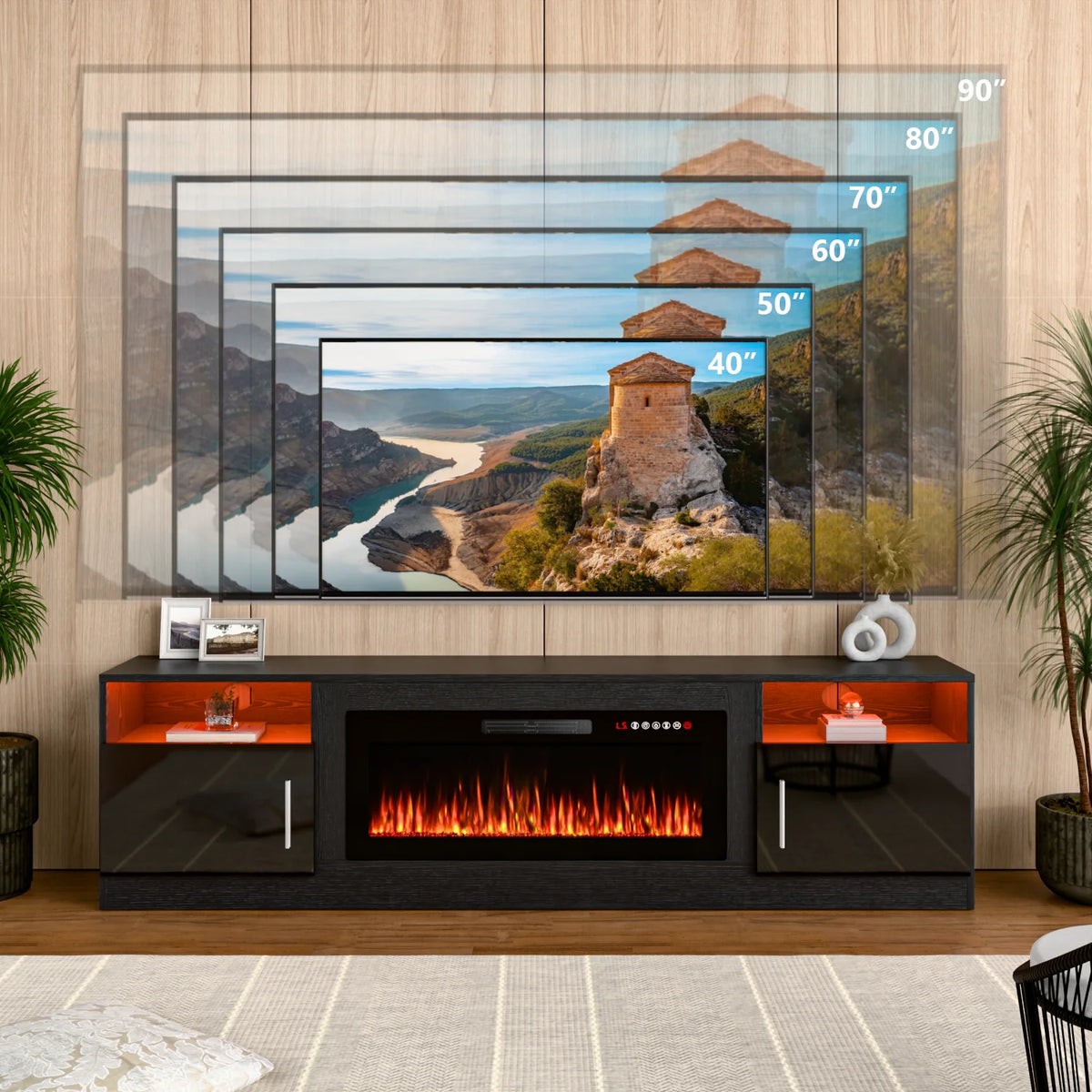 Meuble TV avec cheminée Waleaf avec cheminée électrique de 36 pouces pour téléviseurs jusqu’à 80 pouces, console multimédia moderne en bois avec meuble éclairé, blanc