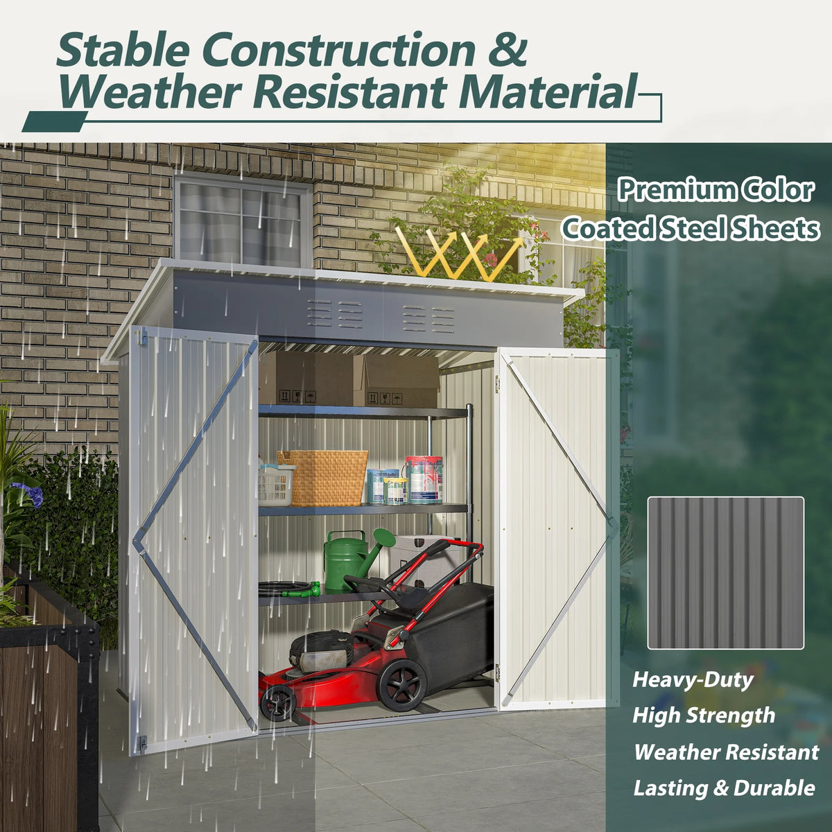 Abri de rangement extérieur de 6 x 4 pi avec cadre de plancher, abri de rangement extérieur avec porte verrouillable, abri pour outils de jardin toutes saisons avec grille d’aération pour maison, cour arrière, terrasse et pelouse, noir
