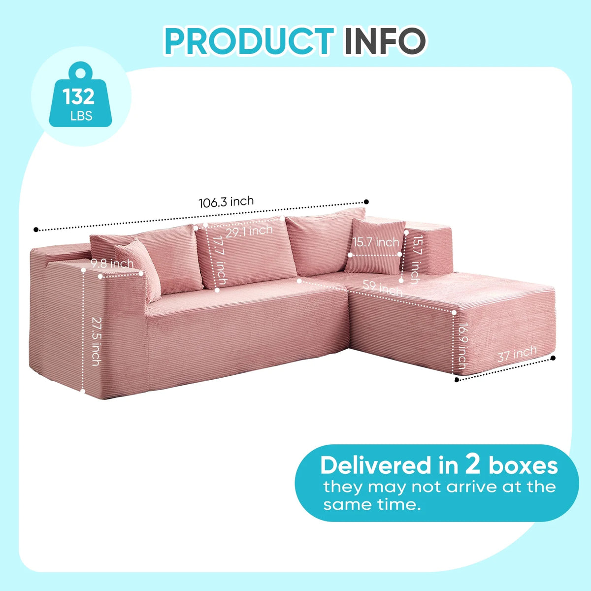 Canapé d’angle ZAFLY 106 Cloud avec méridienne, sans assemblage, canapé-lit en L, canapé modulable surdimensionné à assise profonde pour salon – droite, noir