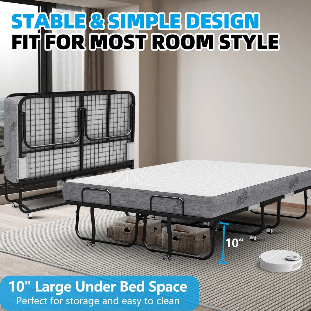 Lit pliant avec matelas 75 x 31 format lit de camp Lit plié, lit d'appoint sur roulettes portable et pliable lit supplémentaire pour adultes lit de repos avec matelas en mousse à mémoire de forme 5 cadre en grille métallique robuste peu encombrant