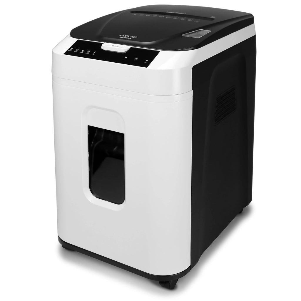 Destructeur de documents à micro-coupe Aurora GB de qualité professionnelle, à alimentation automatique, d’une capacité de 200 feuilles, avec bac de récupération coulissant