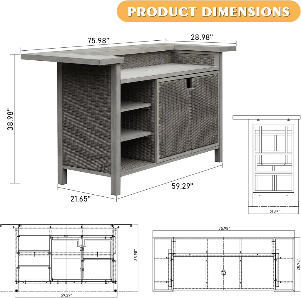 Table de bar d’extérieur Domi Patio, chariot de bar en aluminium et résine tressée avec placard, meuble de rangement toutes saisons pour cuisine ou bar de terrasse, finition grain de bois