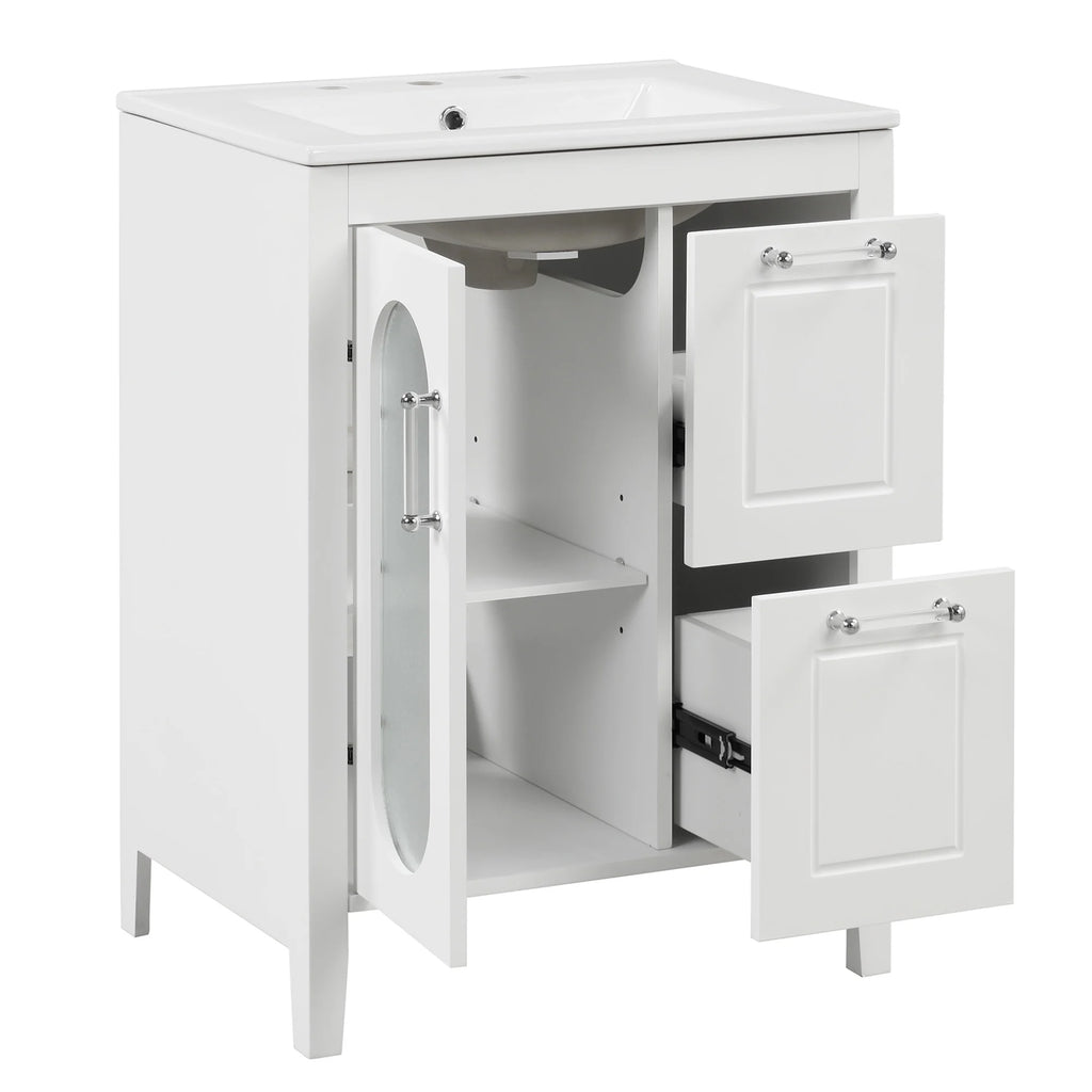 Meuble-lavabo Soges 24 avec vasque en céramique, meuble de toilette en bois massif avec porte, étagère réglable et 2 tiroirs, ensemble lavabo simple autoportant pour petite salle de bains, blanc