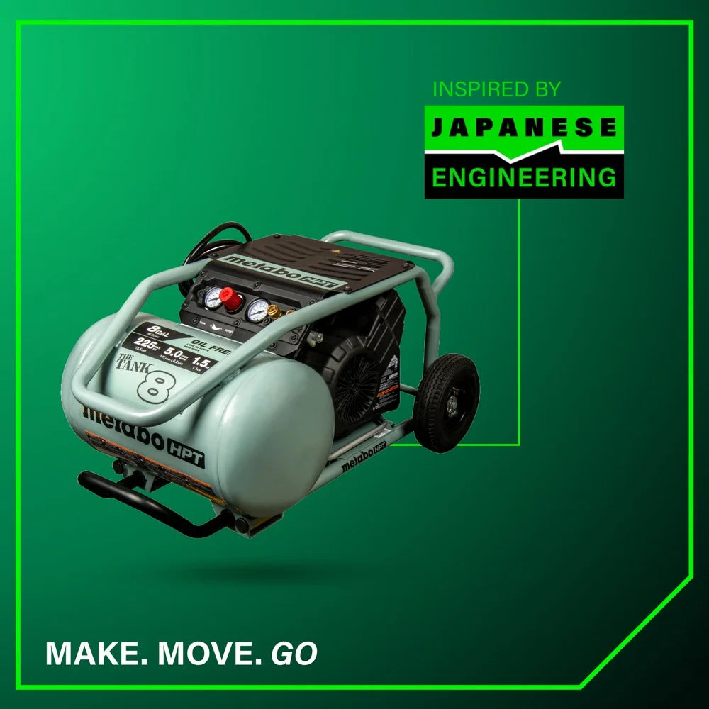 Compresseur d’air Metabo HPT, THE TANK, compresseur d’air sur chariot de 8 gallons, 225 PSI, polyvalent pour les cloueuses de charpente, de bardage, de finition ou de toiture, mobilité facile grâce aux pneus en caoutchouc, EC1315S