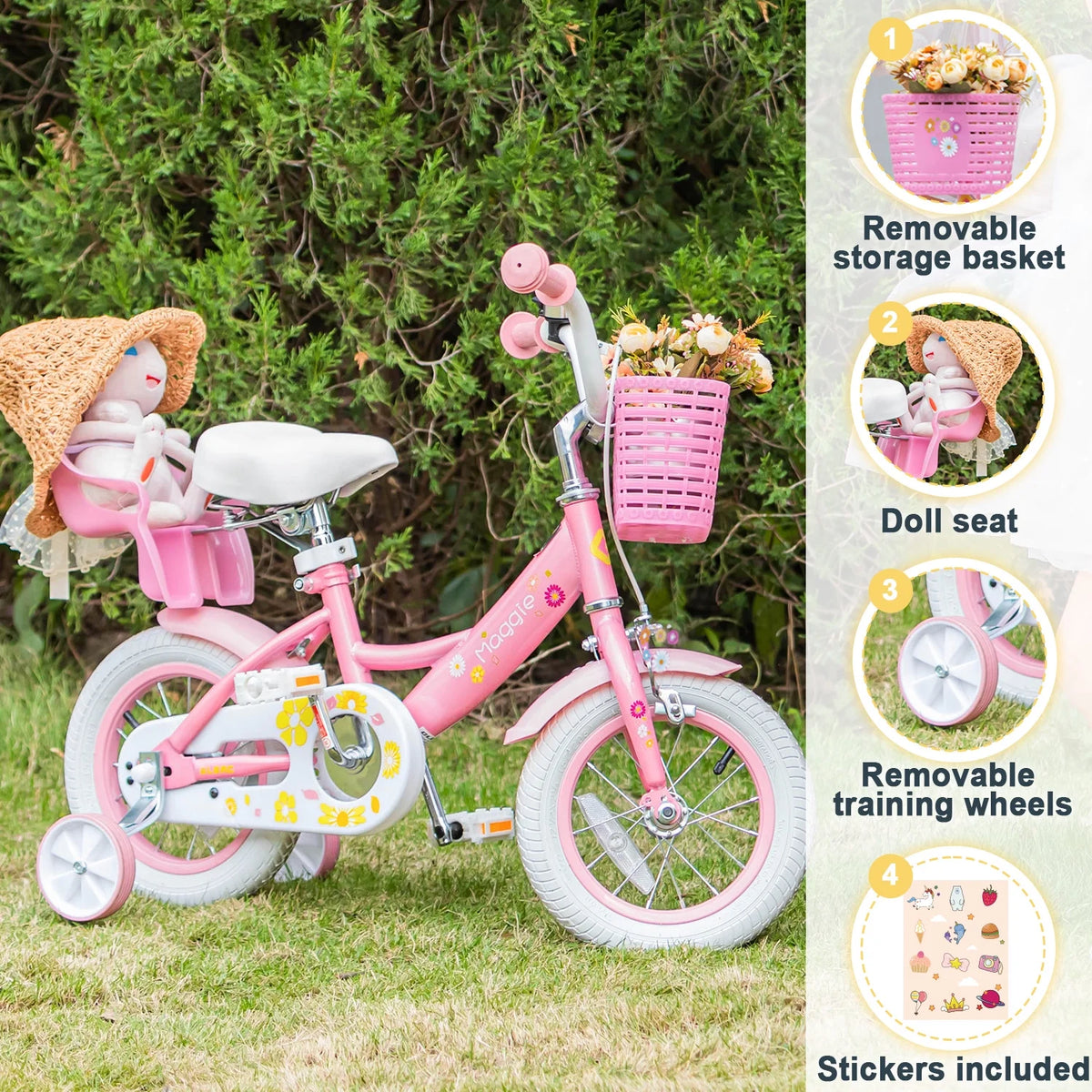 Vélo pour filles Glerc Maggie de 12 pouces pour enfants de 2 à 4 ans, Pêche