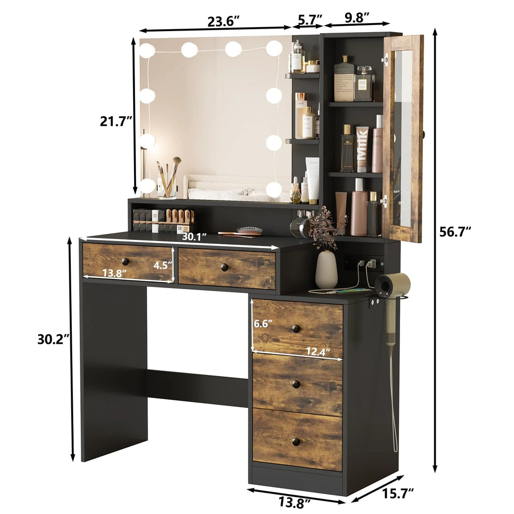 Coiffeuse VEANERWOOD avec miroir éclairé et bloc multiprise, table de maquillage moderne avec 5 tiroirs, blanc