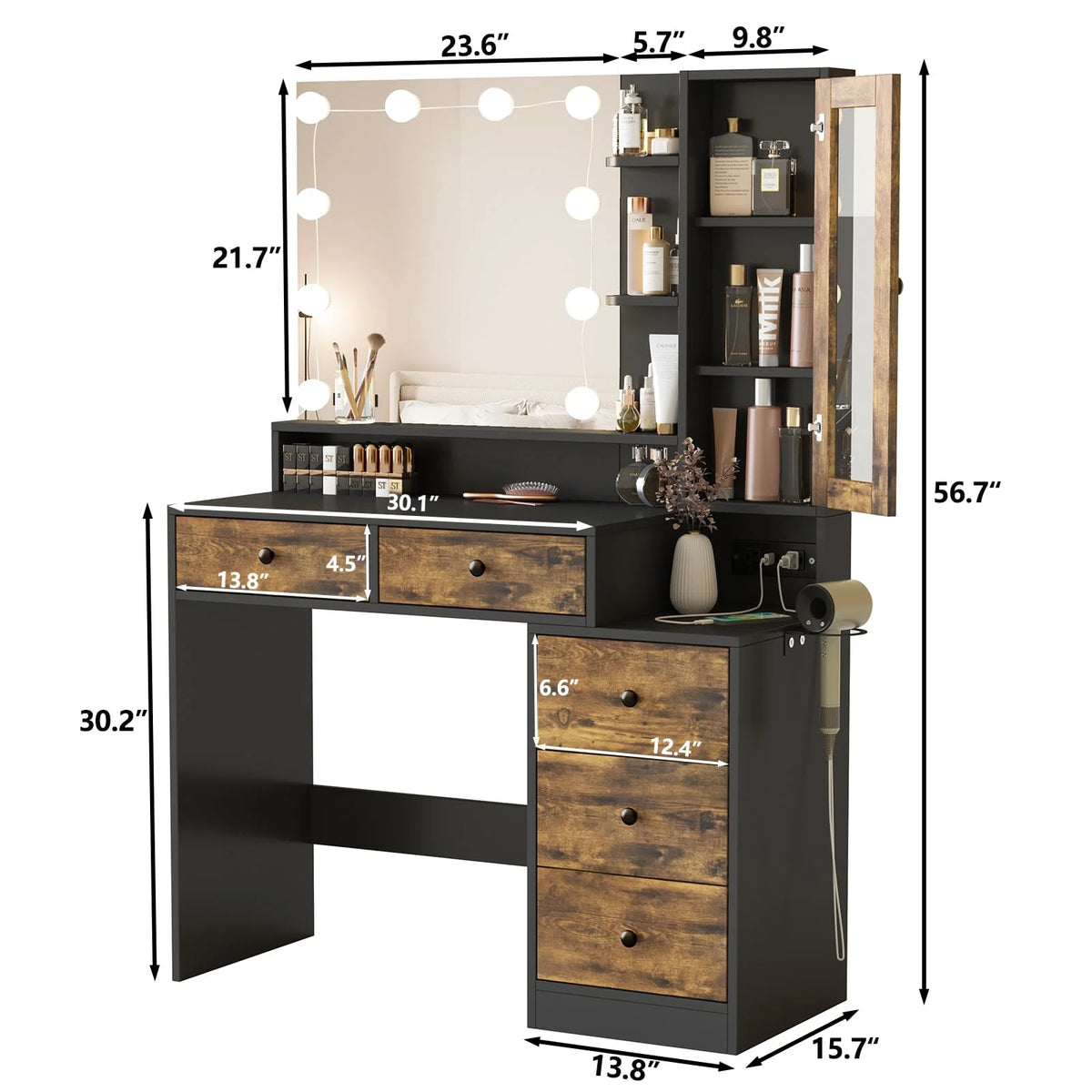 Coiffeuse VEANERWOOD avec miroir éclairé et bloc multiprise, table de maquillage moderne avec 5 tiroirs, blanc
