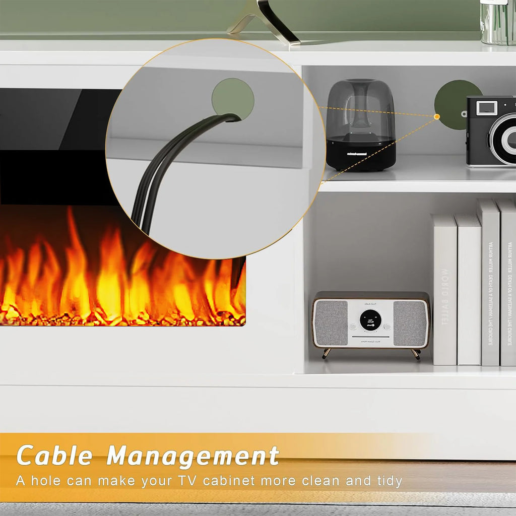 Meuble TV avec cheminée Waleaf avec cheminée électrique de 36 pouces pour téléviseurs jusqu’à 80 pouces, console multimédia moderne en bois avec meuble éclairé, blanc