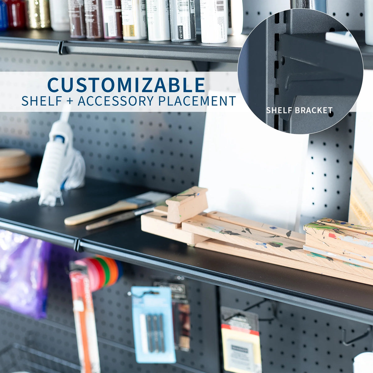 Système de panneau perforé modulaire autoportant noir VIVO avec rangement sur 3 niveaux