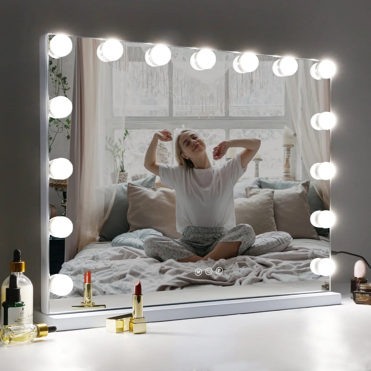 COOLJEEN Grand miroir de courtoisie Hollywood avec éclairage, fixation murale ou sur table, métal blanc