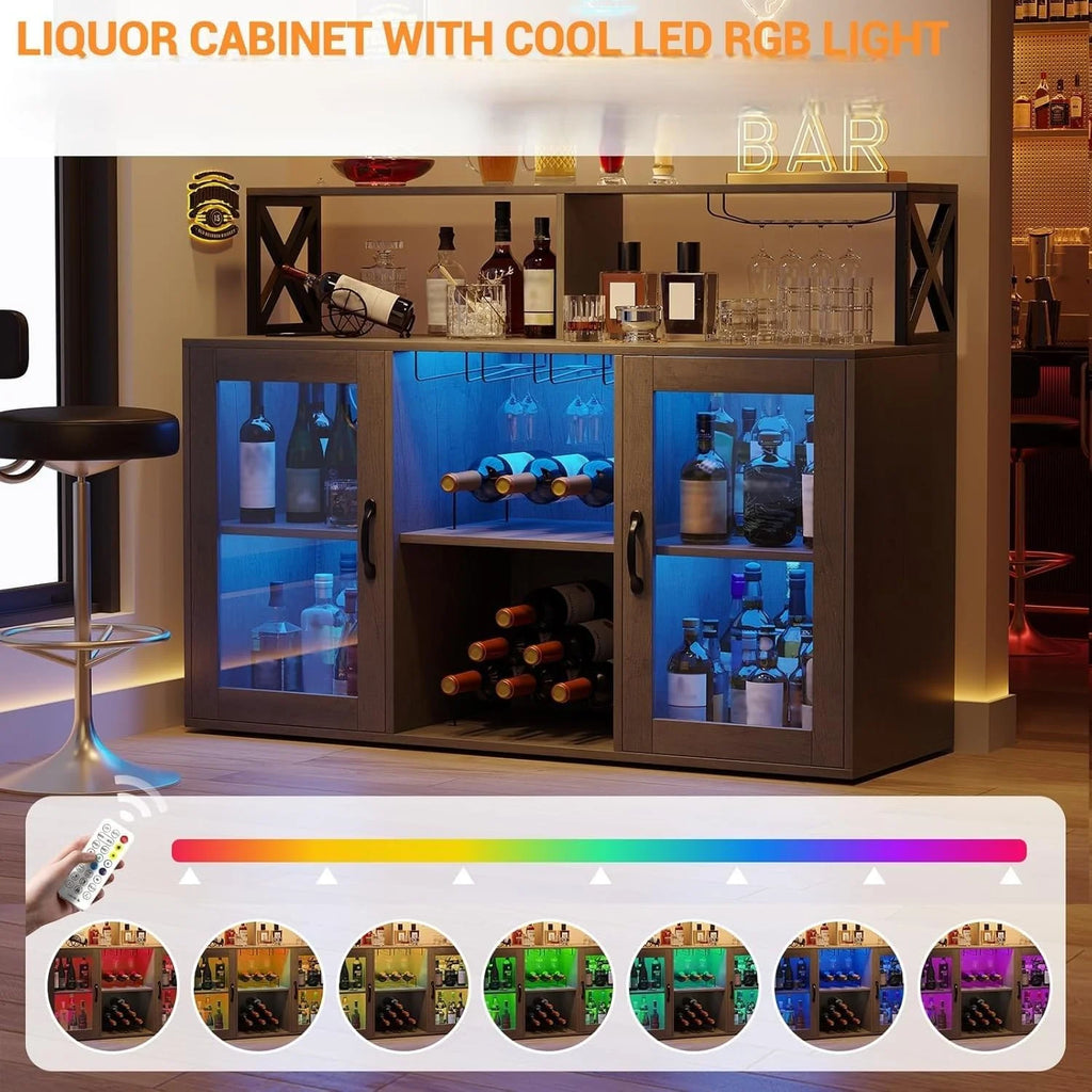 Meuble bar avec étagères de rangement, meuble bar à café avec éclairage LED, meuble à spiritueux avec casier à vin et porte-gobelets, buffet de cuisine pour la maison, la cuisine et la salle à manger