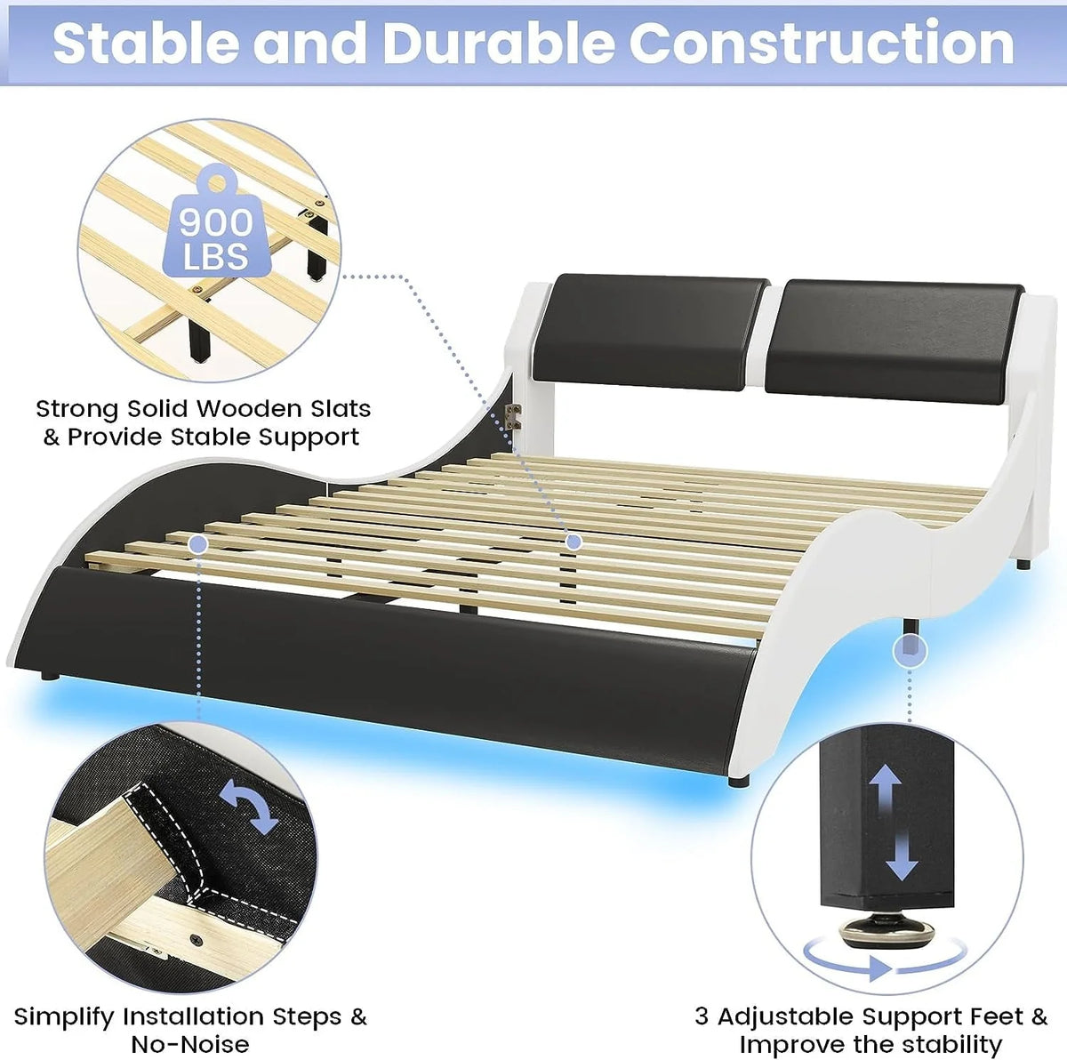 Cadre de lit Queen Size avec éclairage LED,Cadre de lit plateforme moderne avec tête de lit rembourrée,Cadre de lit bas en similicuir effet ondulé,Aucun sommier requis,Noir