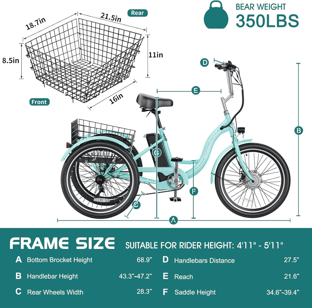 Tricycles électriques ABORON 24 26, batterie au lithium 36 V 10 Ah 350 W, triporteur électrique 7 vitesses pour adultes avec grand panier arrière et siège réglable