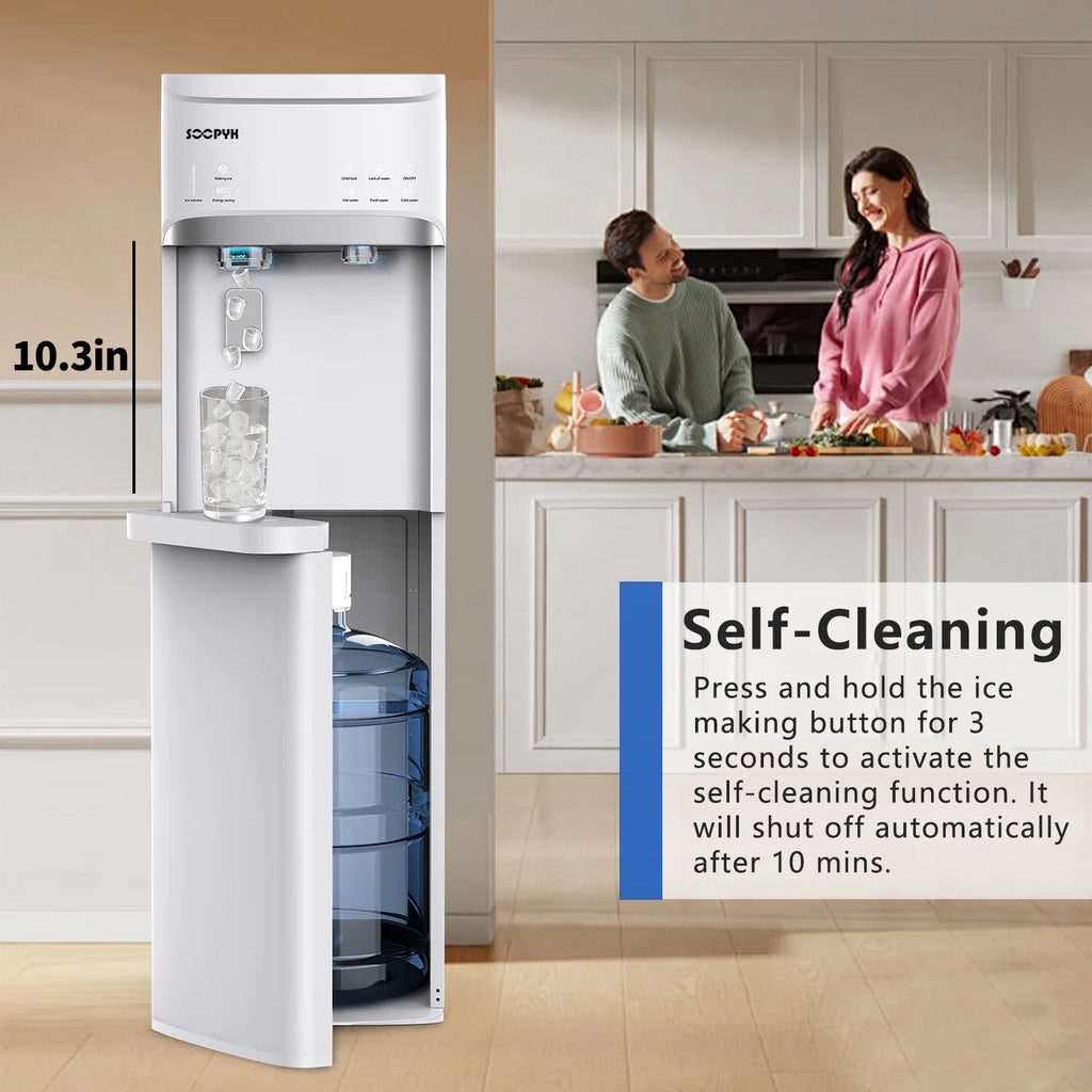 SOOPYK Distributeur d’eau chaude et froide 3-en-1 avec machine à glaçons à chargement inférieur pour bonbonne de 3 ou 5 gallons, capacité quotidienne de 22 lb, glaçons en forme de balle, noir