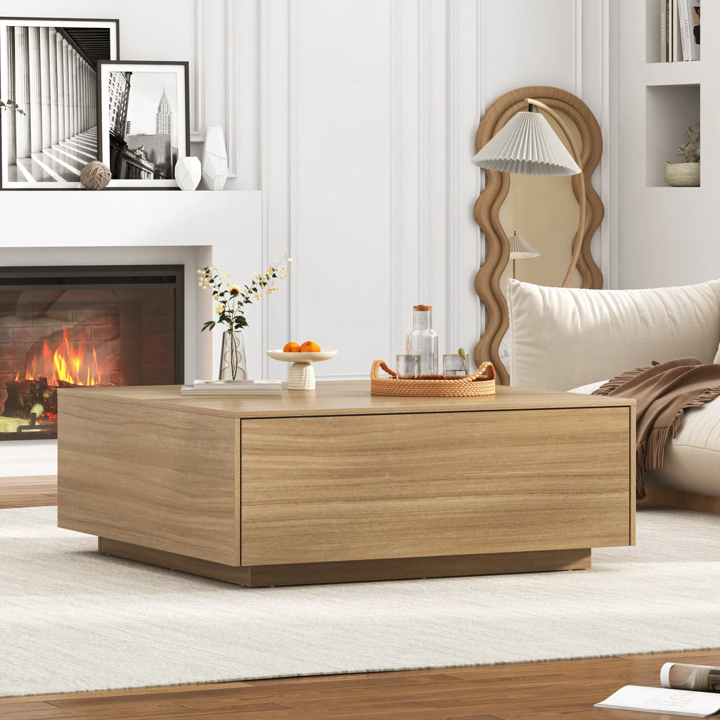 Table basse carrée Blotout avec 2 grands tiroirs, table basse Mid-Century Modern de 43 avec rangement, table basse en bois, table de salon avec rangement, grain de bois