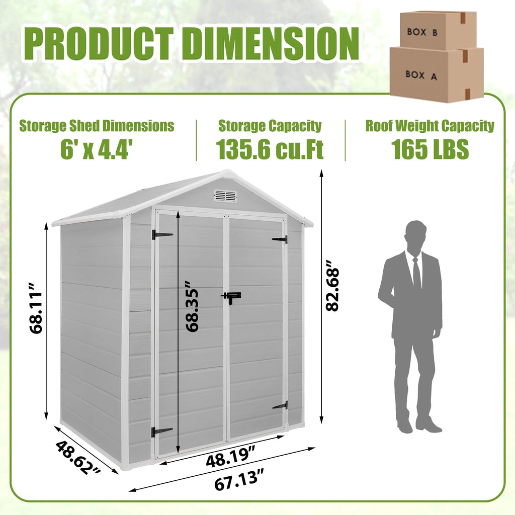 Enyopro Abri de rangement extérieur 6 x 4,4 pi, grand abri utilitaire en résine plastique toutes saisons pour outils avec deux portes verrouillables, pour patio, cour arrière et pelouse, gris