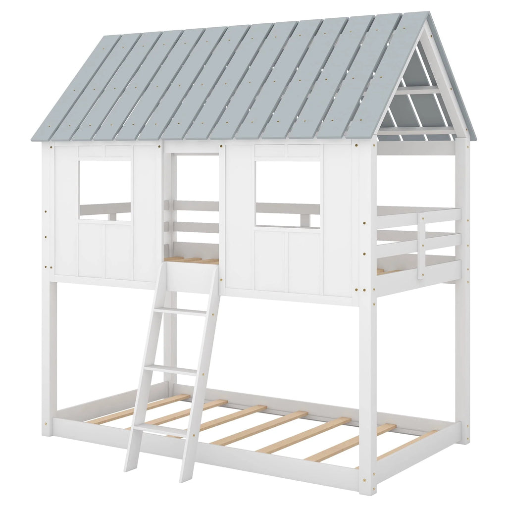 Lit superposé bas Euroco avec deux lits simples, toit et barrière de sécurité pour chambre d’enfant, blanc