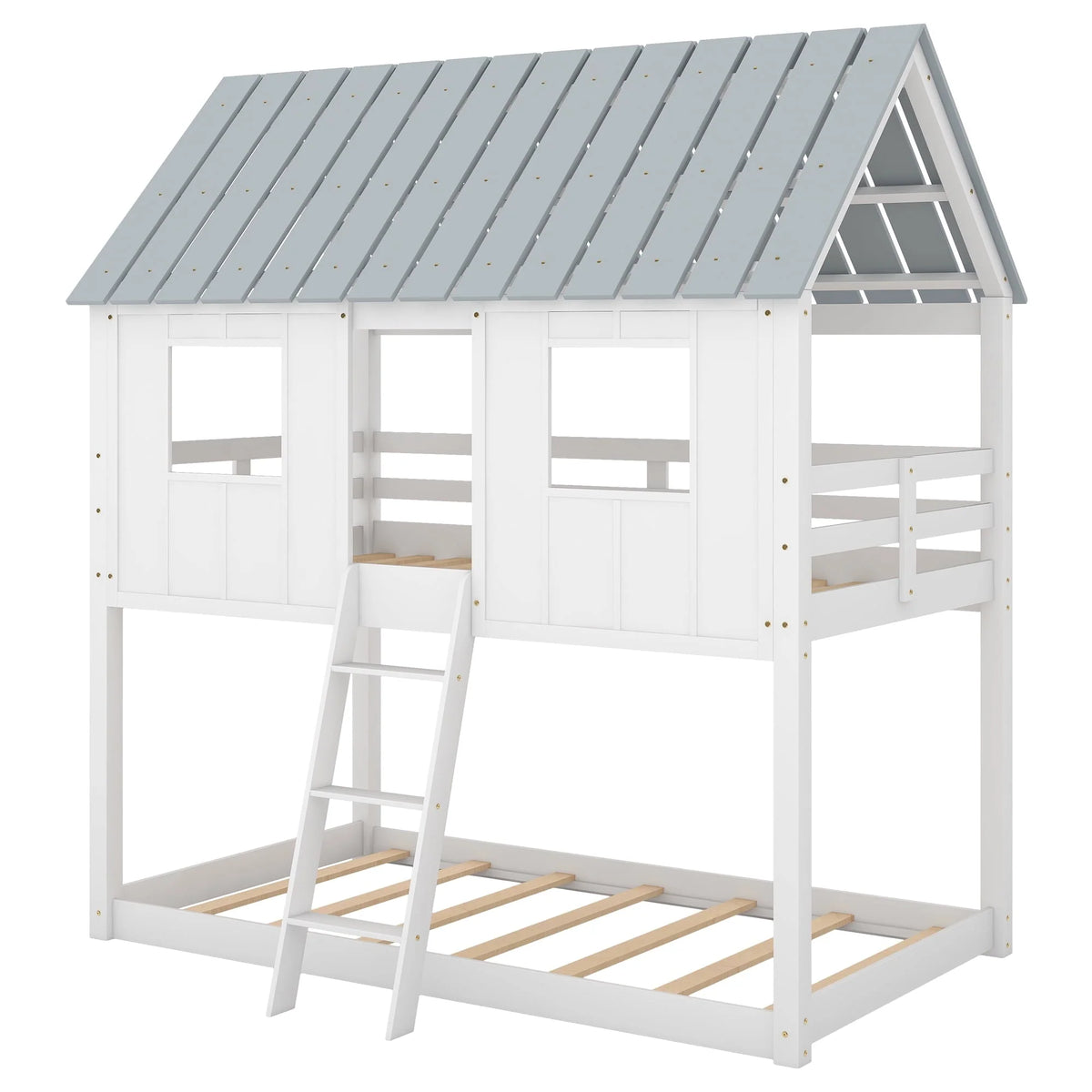 Lit superposé bas Euroco avec deux lits simples, toit et barrière de sécurité pour chambre d’enfant, blanc