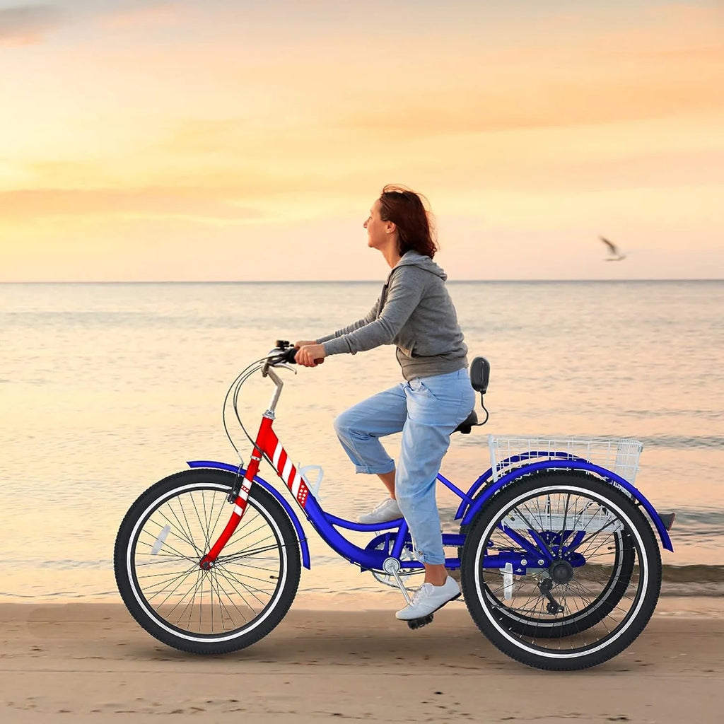 Tricycles pour adultes MOONCOOL avec panier arrière et pompe à pied, vélos à 3 roues 7 vitesses de 24 et 26 pouces, vélo à trois roues pour adultes avec dossier pour seniors, femmes et hommes