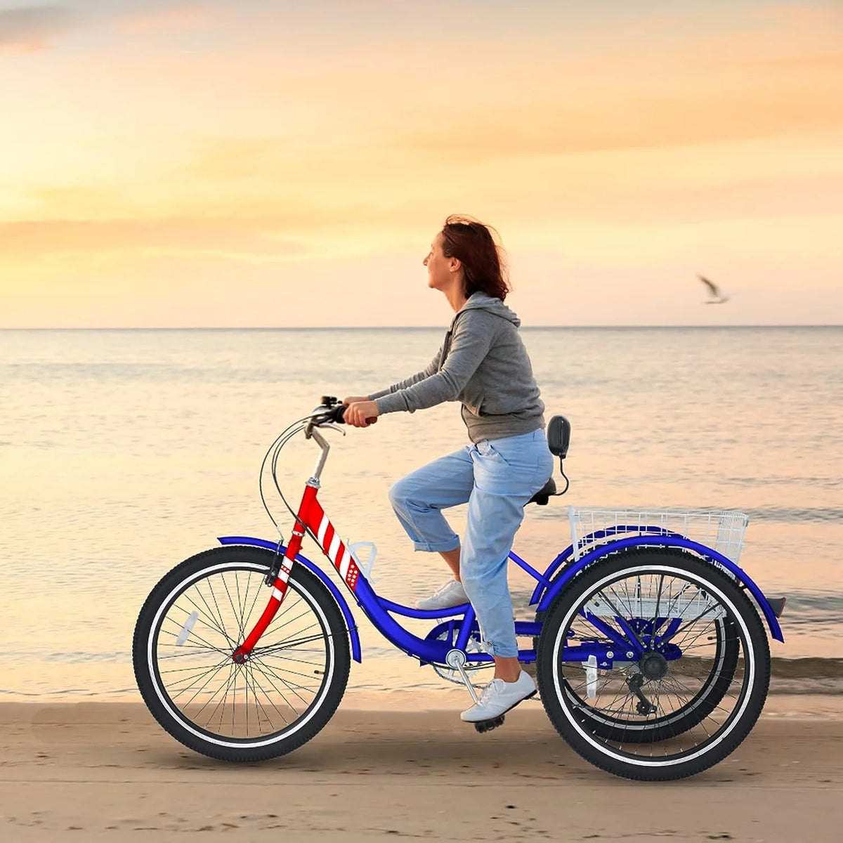 Tricycles pour adultes MOONCOOL avec panier arrière et pompe à pied, vélos à 3 roues 7 vitesses de 24 et 26 pouces, vélo à trois roues pour adultes avec dossier pour seniors, femmes et hommes