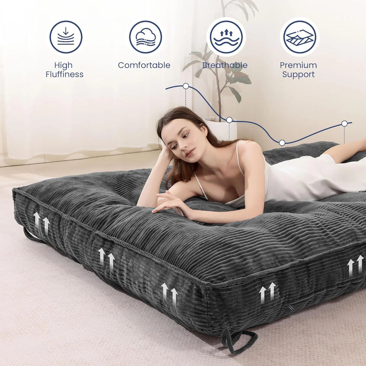 Matelas Futon 8 Pouces Taille Double, Canapé-Lit Futon Extra Épais Matelas Japonais Amélioré Matelas Futon au Sol pour Adultes Matelas Futon Japonais Pliable 8, Noir (Cadre Non Inclus)
