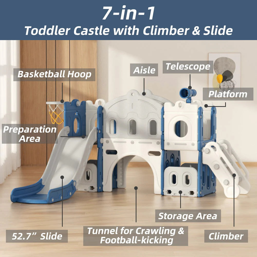 KORIMEFA Ensemble toboggan 8 en 1 pour enfants avec structure d’escalade, toboggan d’escalade pour tout-petits avec panier de basket, tunnel, aire de jeux extérieure et intérieure pour tout-petits, toboggan d’escalade, dès 1 an