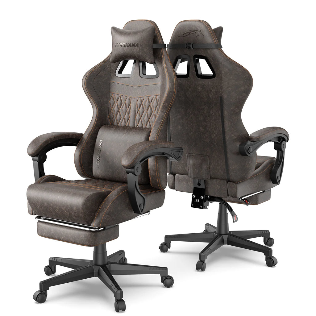 Fauteuil gaming Luxvie avec repose-pieds, fauteuil de bureau ergonomique pour ordinateur avec massage, soutien lombaire et appui-tête, dossier haut, style vintage, pour adultes et enfants, noir