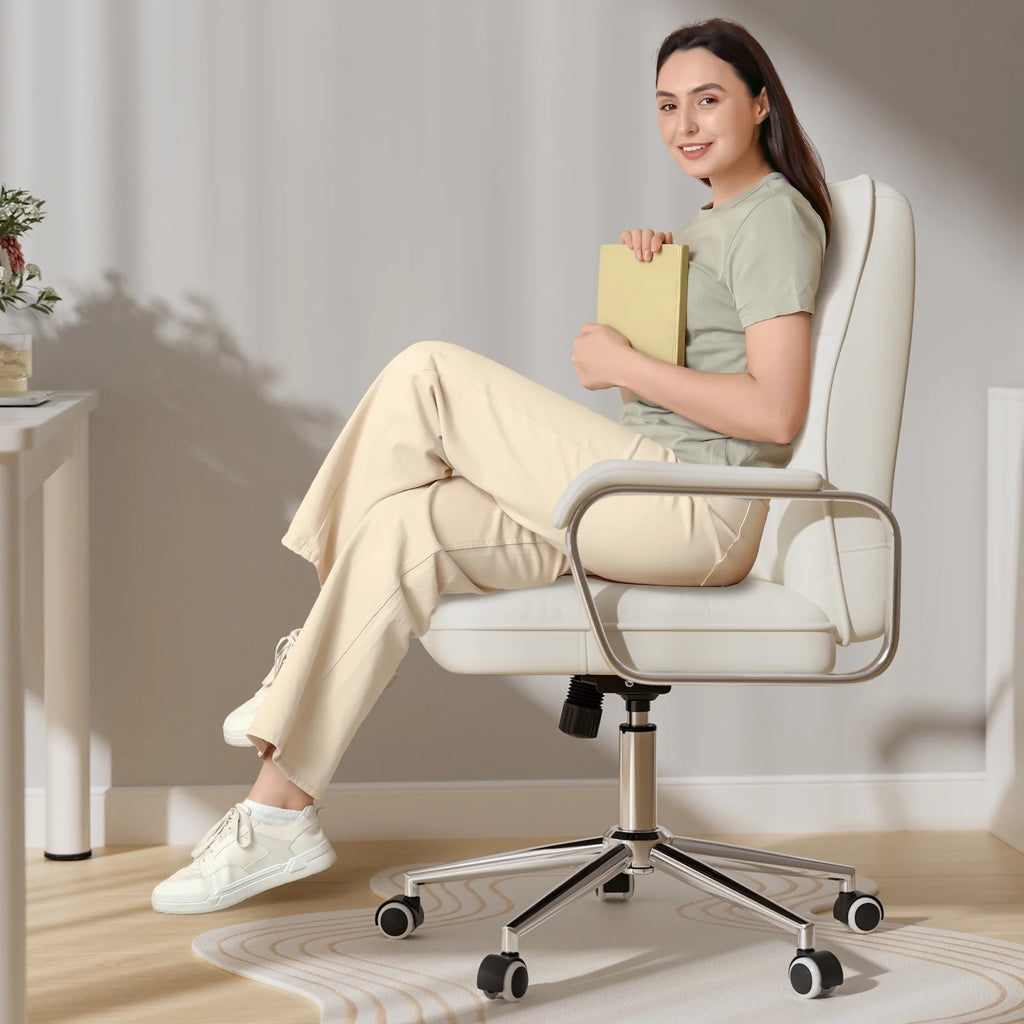 Chaise de bureau Solfway blanche, fauteuil de bureau pivotant en cuir avec roulettes et accoudoirs rembourrés, fauteuil de direction pour adultes