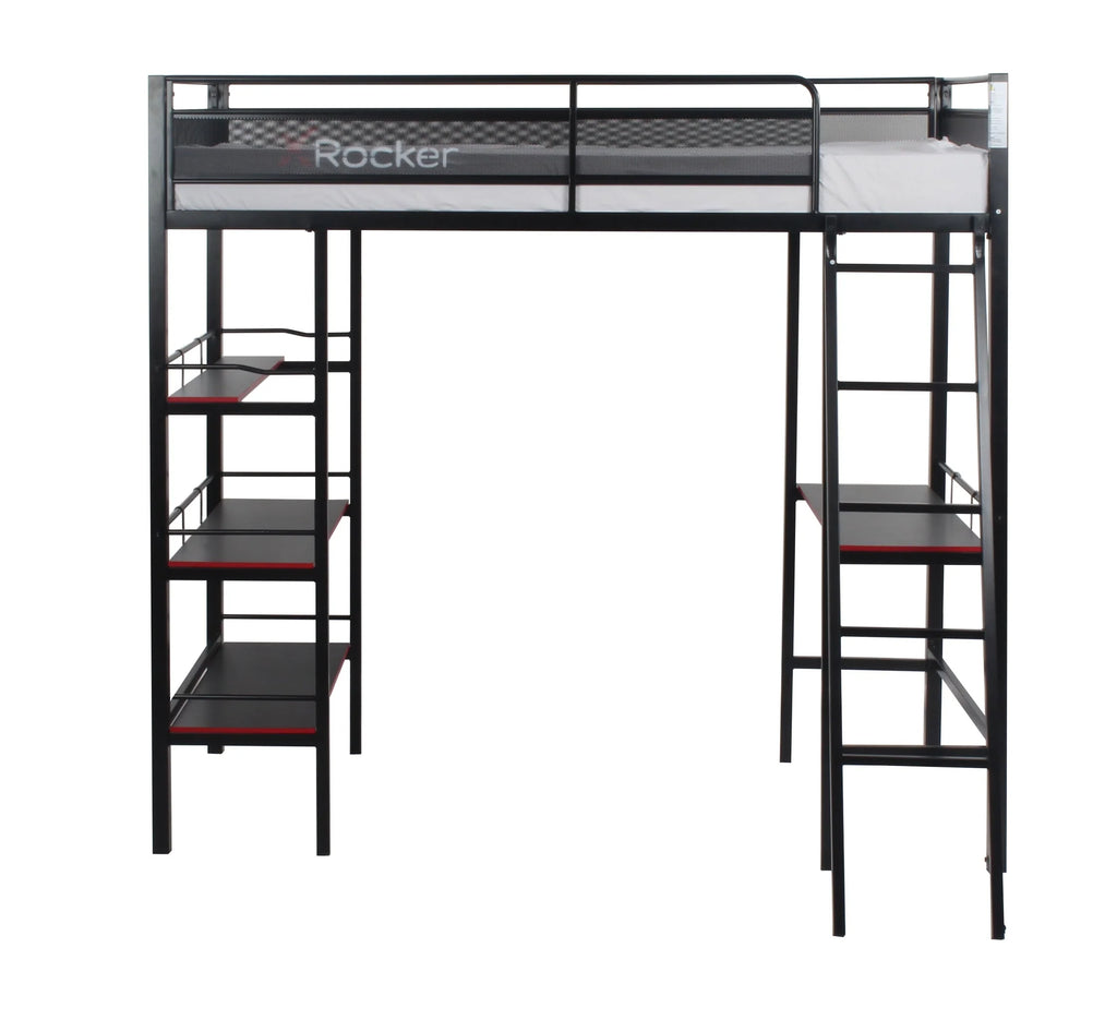 Lit superposé gaming X Rocker Fortress avec bureau et étagères, 1 place, noir/rouge, lit mezzanine, enfants, adolescents