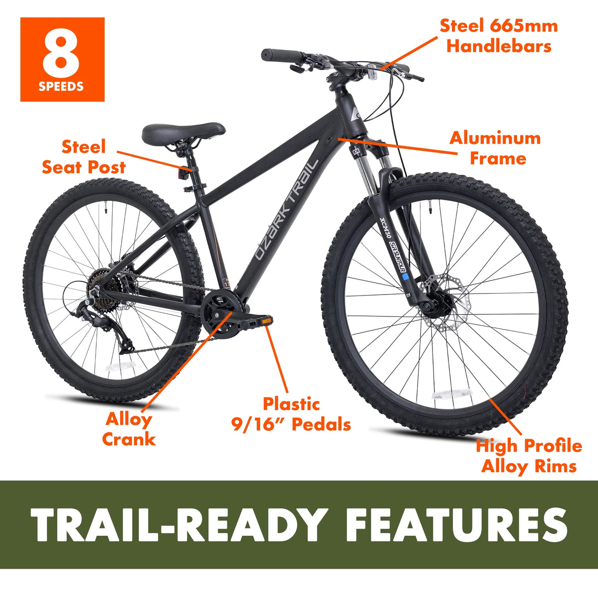 Vélo tout-terrain Ozark Trail 27.5 Vibe, Cadre petit, Convient aux cyclistes de 1,52 m à 1,68 m, Noir, Adulte, Unisexe