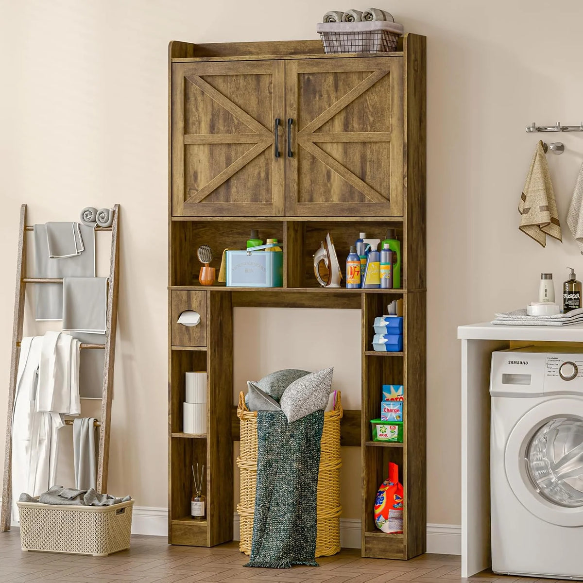 Meuble de rangement Vabches au-dessus des toilettes avec porte-papier toilette, avec étagère réglable et 2 portes