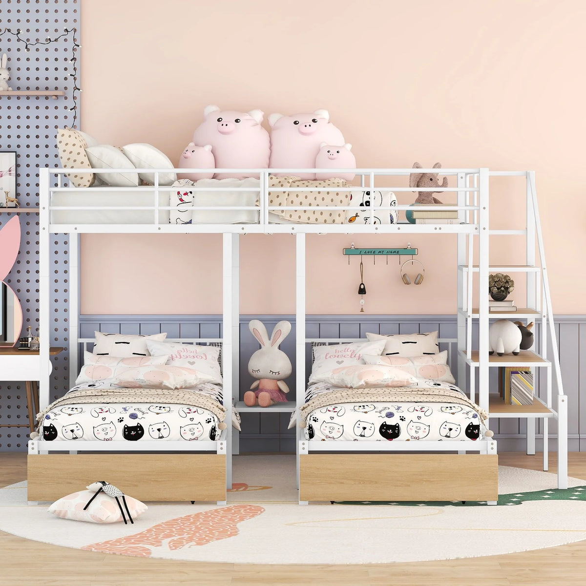 Lit superposé triple Bellemave avec escalier, lit superposé en métal avec lit double au-dessus et deux lits simples en dessous, tiroirs de rangement, robuste, pour 3 enfants, adolescents, garçons et filles (blanc)