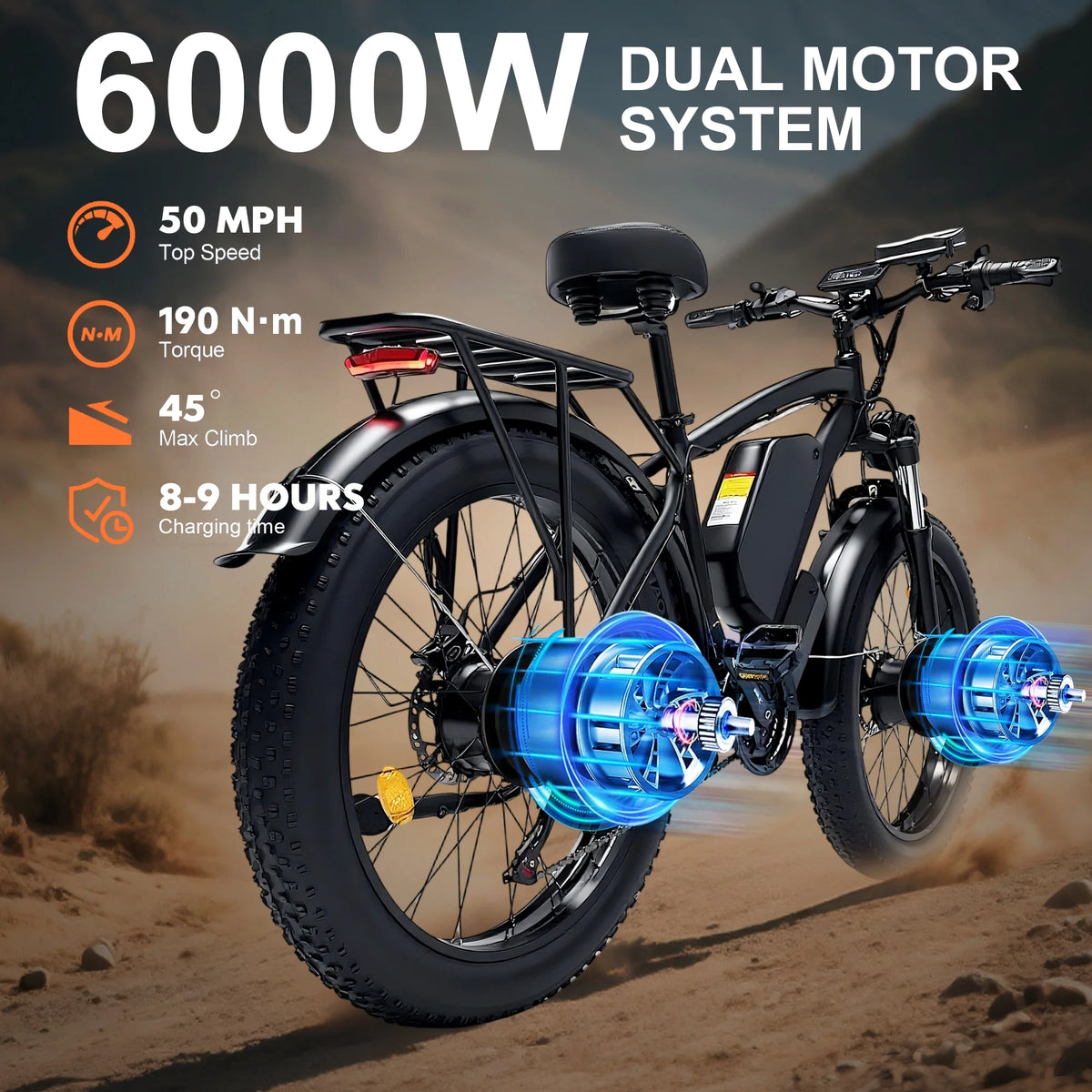 Vélo électrique à pneus larges pour adultes, vélo électrique à double moteur de 6 000 W, vitesse max. de 50 mi/h, vélo électrique tout-terrain de type VTT, 26 x 4,0, 60 V, 25 Ah, UL2849
