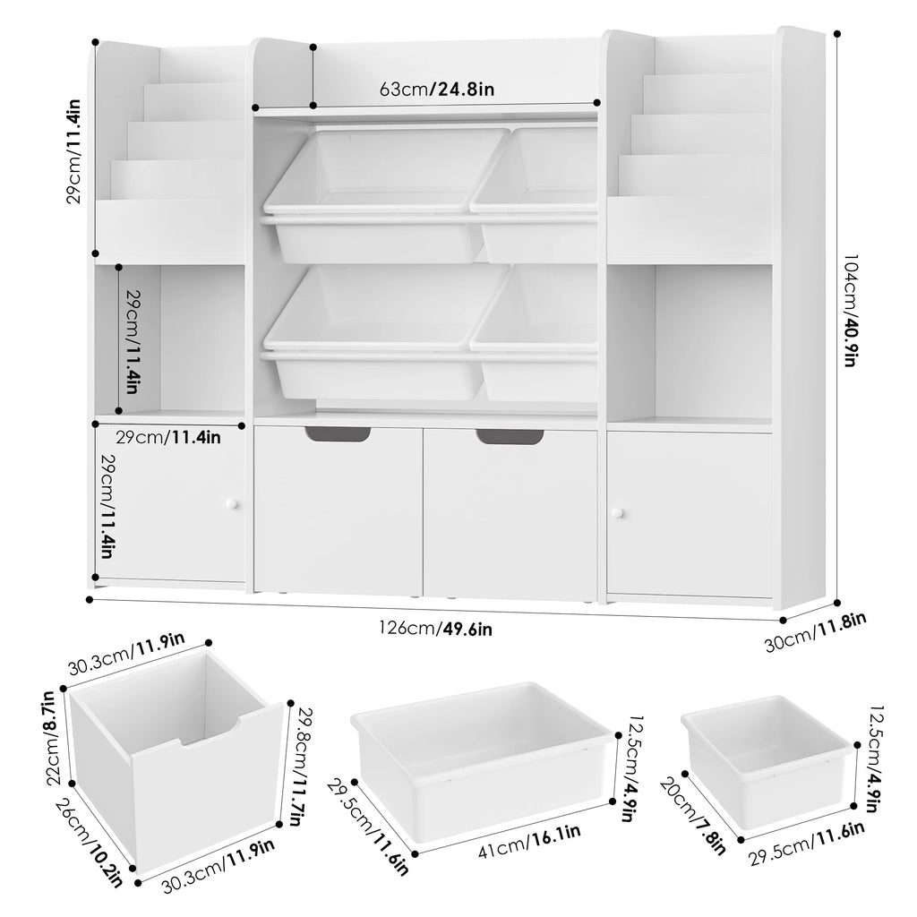 Hiphuta Bibliothèque et Meuble de Rangement pour Jouets pour Enfants, Organisateur en Bois avec 4 Paniers et 2 Tiroirs Amovibles pour la Maison et la Chambre, Étagère à Livres pour Enfants avec Bac à Jouets et Support à Livres, Blanc
